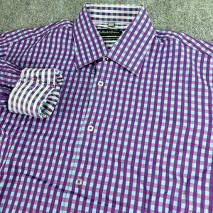Bullock Jones Shirt Mens Large Purple Blue Check 2 Ply Mercerized Cotton